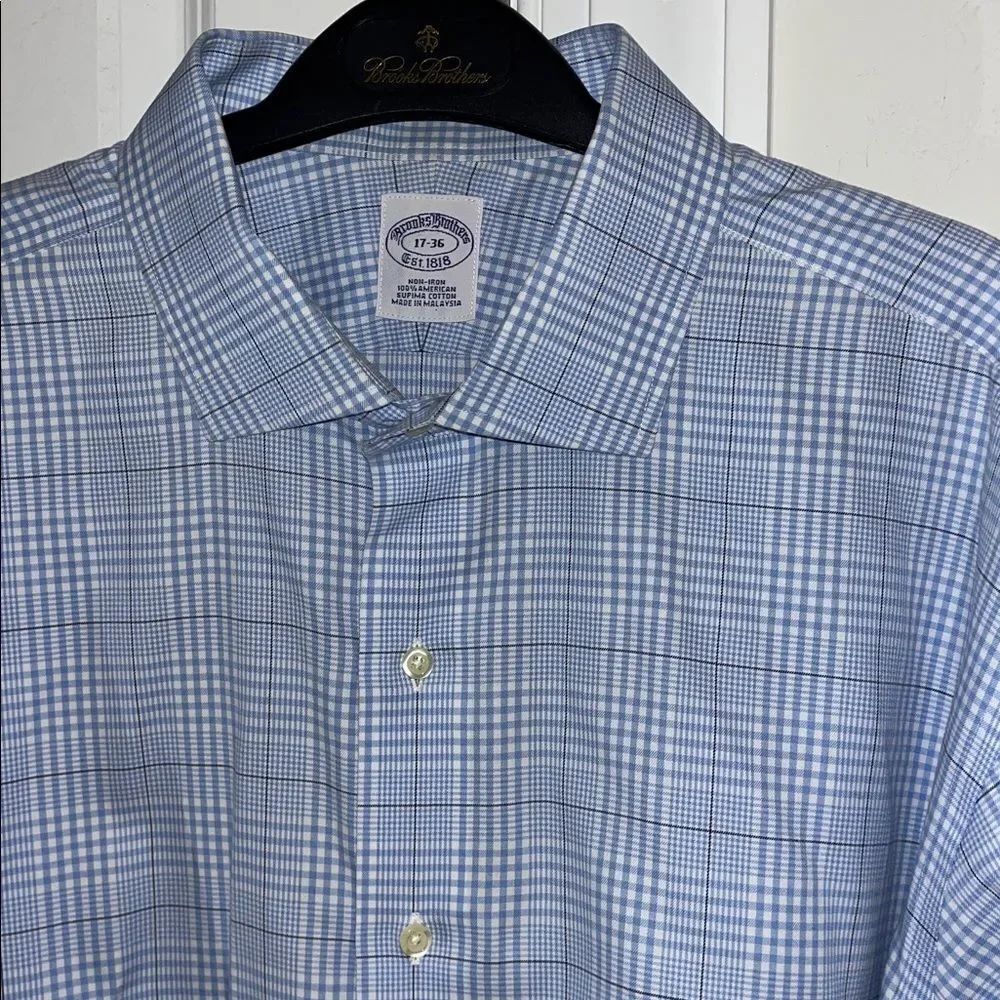 Brooks Brothers Blue Houndstooth Check Plaid dress shirt 17 x 36 NON IRON Supima